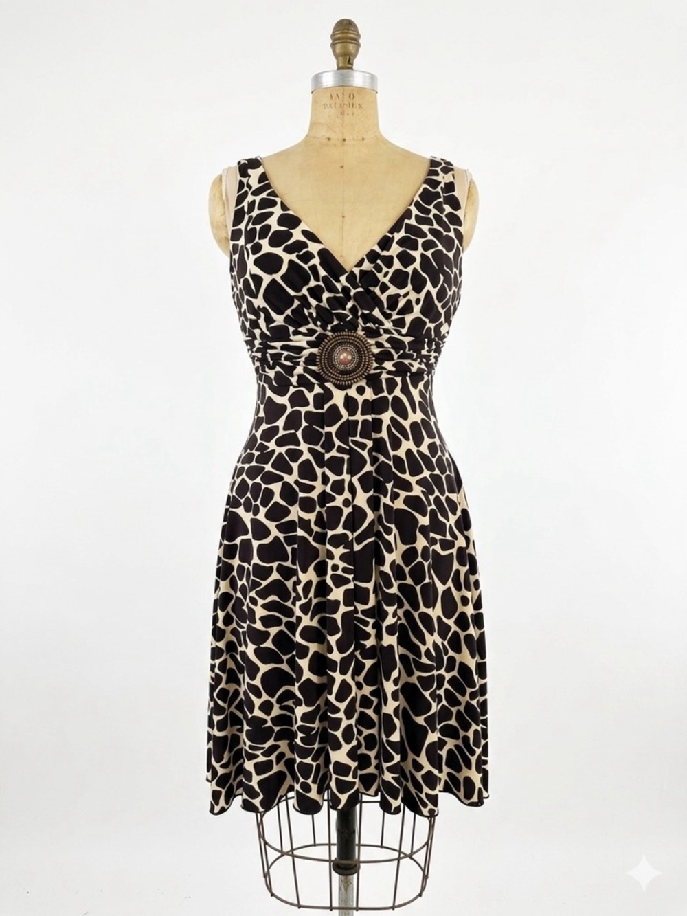VTG Y2K Babydoll Dress Brown Animal Print Sz 8P A-line Midi Medallion Boho Retro